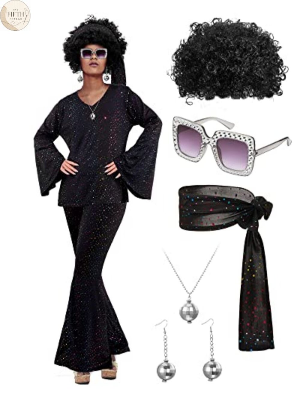 Women 70s Disco Costume Set Flared Pants Hooded Top Wig Halloween Party